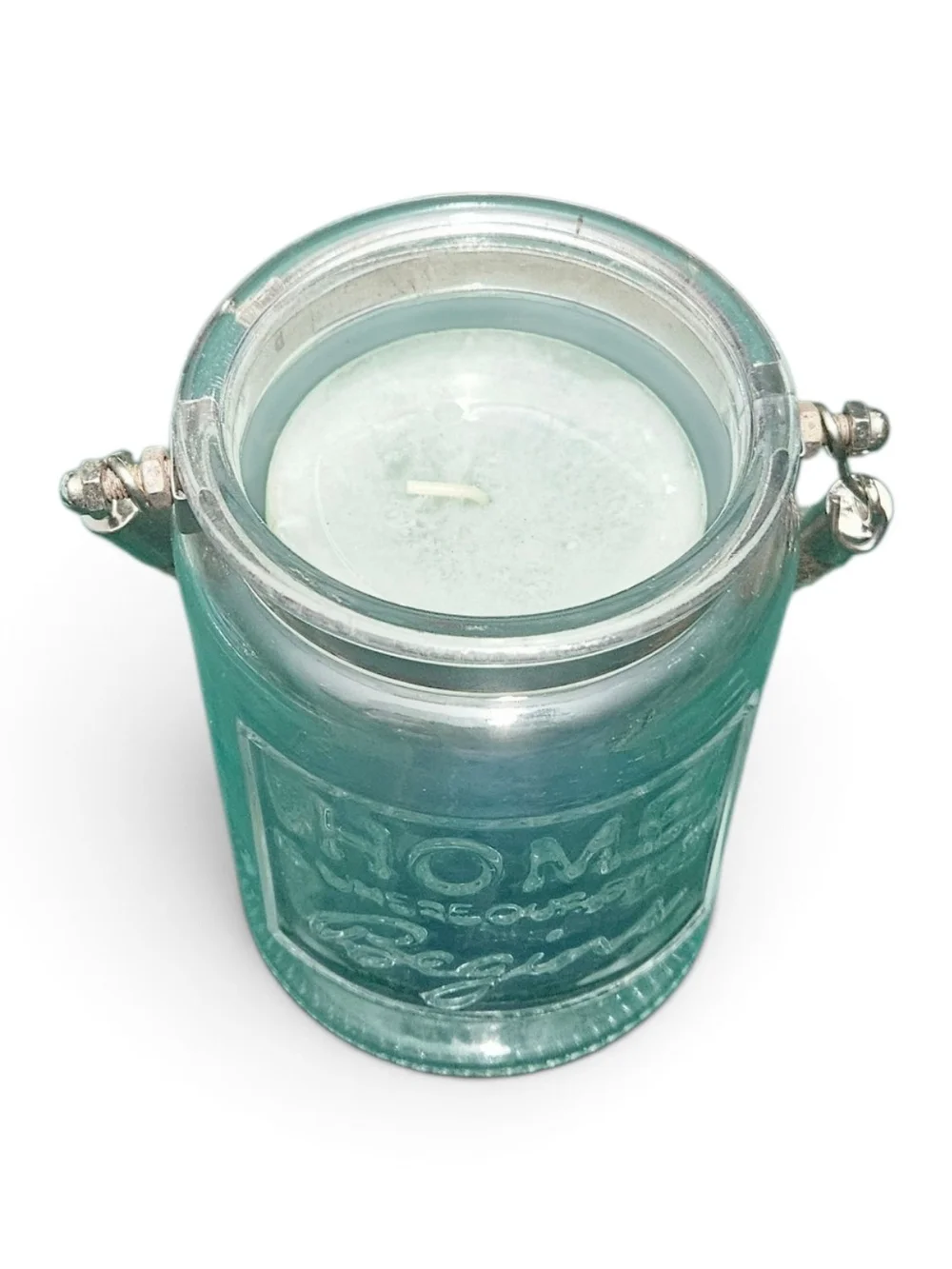 Coastal Aqua Glass Jar Candle Holder w/Tropical Waters Candle Jute Rope Handle